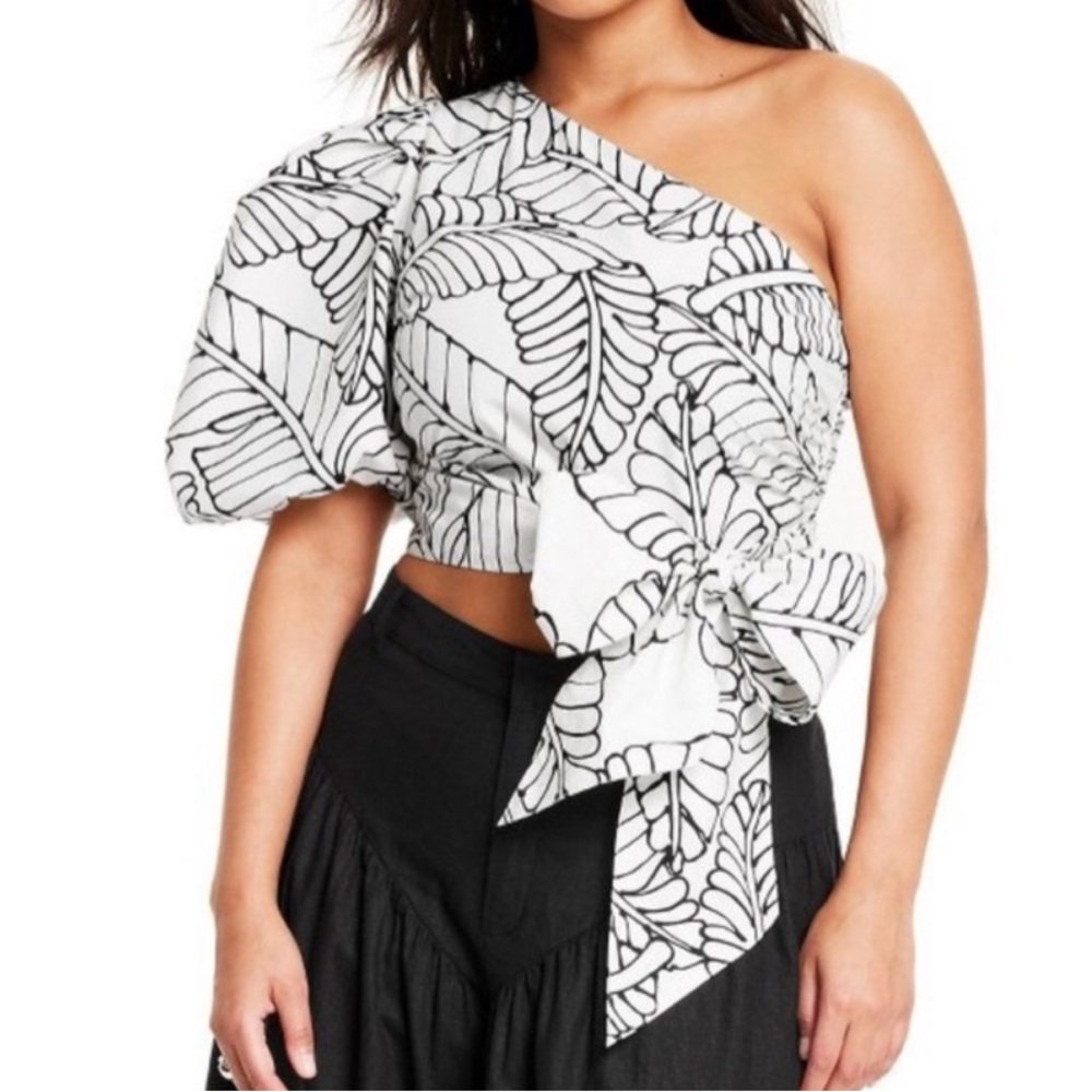 Women's Sketch Palm Leaf Print Wrap Tie One Shoulder Top - Fe Noel Black/White 8